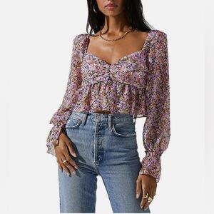 ASTR THE LABEL FLORAL PRINT RUFFLE BACK ZIP CROPPED SHIRT Size Medium
